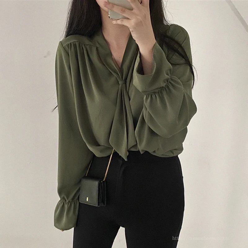 2021 Women Summer Vintage Army Green Blouse Bow Tie Collar Loose
