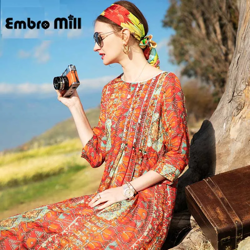 

Spring New Ramie Printing Dress Vintage Style O-Neck Hedging Loose Seaside Vacation A-line Dress S-XL