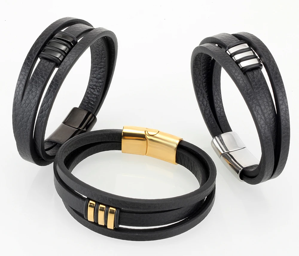 Leather Multi-layer Gold/Silver/Black Bracelet | Jewelry Addicts