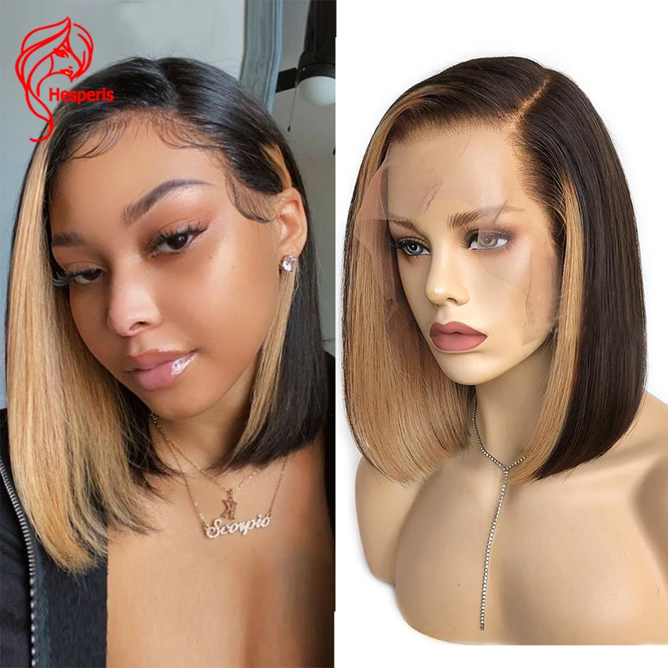 Hesperis Short Bob Lace Front Human Hair Wigs Ombre Blonde Highlight  Peruvian Remy 13x6 Lace Front Wigs Bonde Inside Highlight