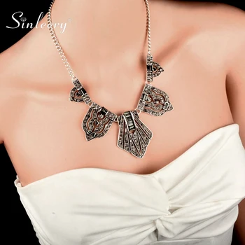 

SINLEERY Vintage Hollow Pattern Statement Necklace Gray White Color Cubic Zirconia Inlay Necklace For Women Jewelry XL173 SSP