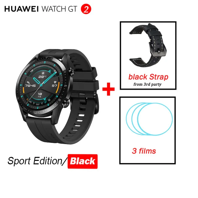Huawei Watch GT 2, умные часы, измеритель уровня кислорода в крови, spo2, Bluetooth, умные часы, 5,1, для телефонных звонков, трекер сердечного ритма, для Android, iOS - Цвет: Black n Black Strap