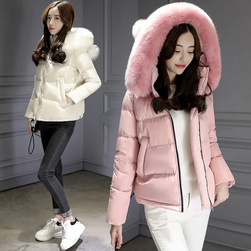 

2018 Winter New Style Hooded Short Cotton-padded Clothes Hooded Korean-style Thick Coat Autumn And Winter Bread fu da Fur Collar