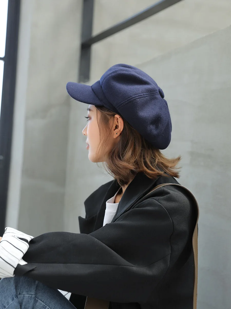 Wool Women Beret Autumn Winter Octagonal Cap Hats Stylish Artist Painter Newsboy Caps Black Grey Beret Hats