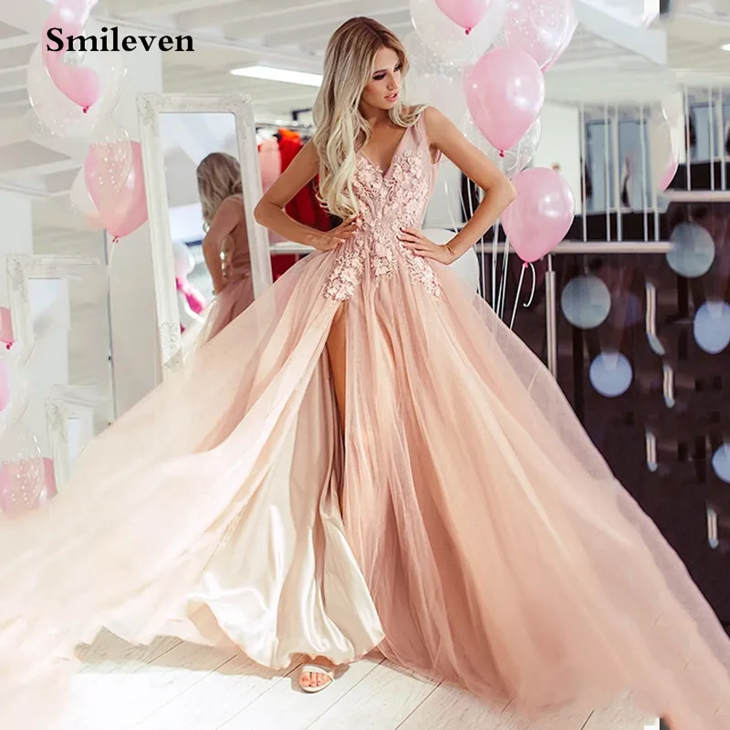 

Smileven Flesh pink V Neck Lace Prom Dresses Backless Long Formal Evening Party Gowns vestidos de festa longo 2020