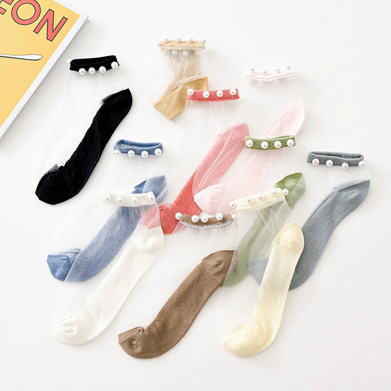 

Женские носки, новые весенние модные дышащие сетчатые тонкие летние носки до щиколотки с жемчугом, невидимые прозрачные носки в Корейском стиле