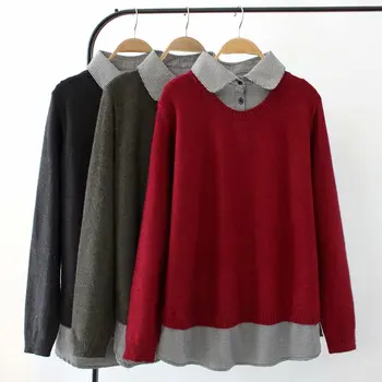 

Plus Size Casual Essential Sweaters Women 2019 Autumn Winter Fashion Loose False two pieces Knitting Pullovers E2-9549