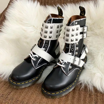 

Rivet Design Winter Shoes Woman Cross-tied Ankle Boots Women Patchwork Motorcycle Booties Buckle Strap Botas Mujer Invierno 2019