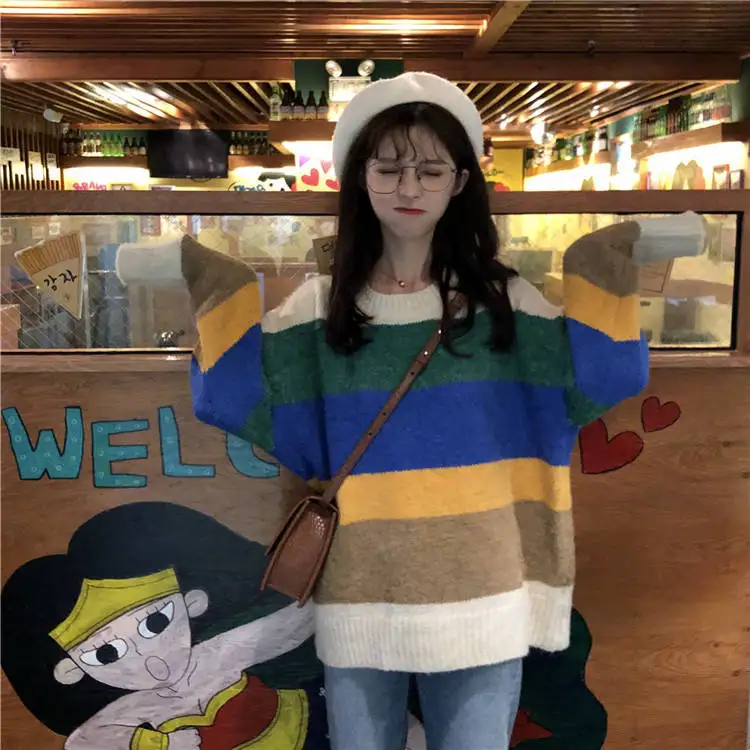 Woherb, Осенний Радужный женский свитер Harajuku, джемпер в полоску, пуловеры больших размеров, свитера в Корейском стиле, винтажная вязаная одежда 20585