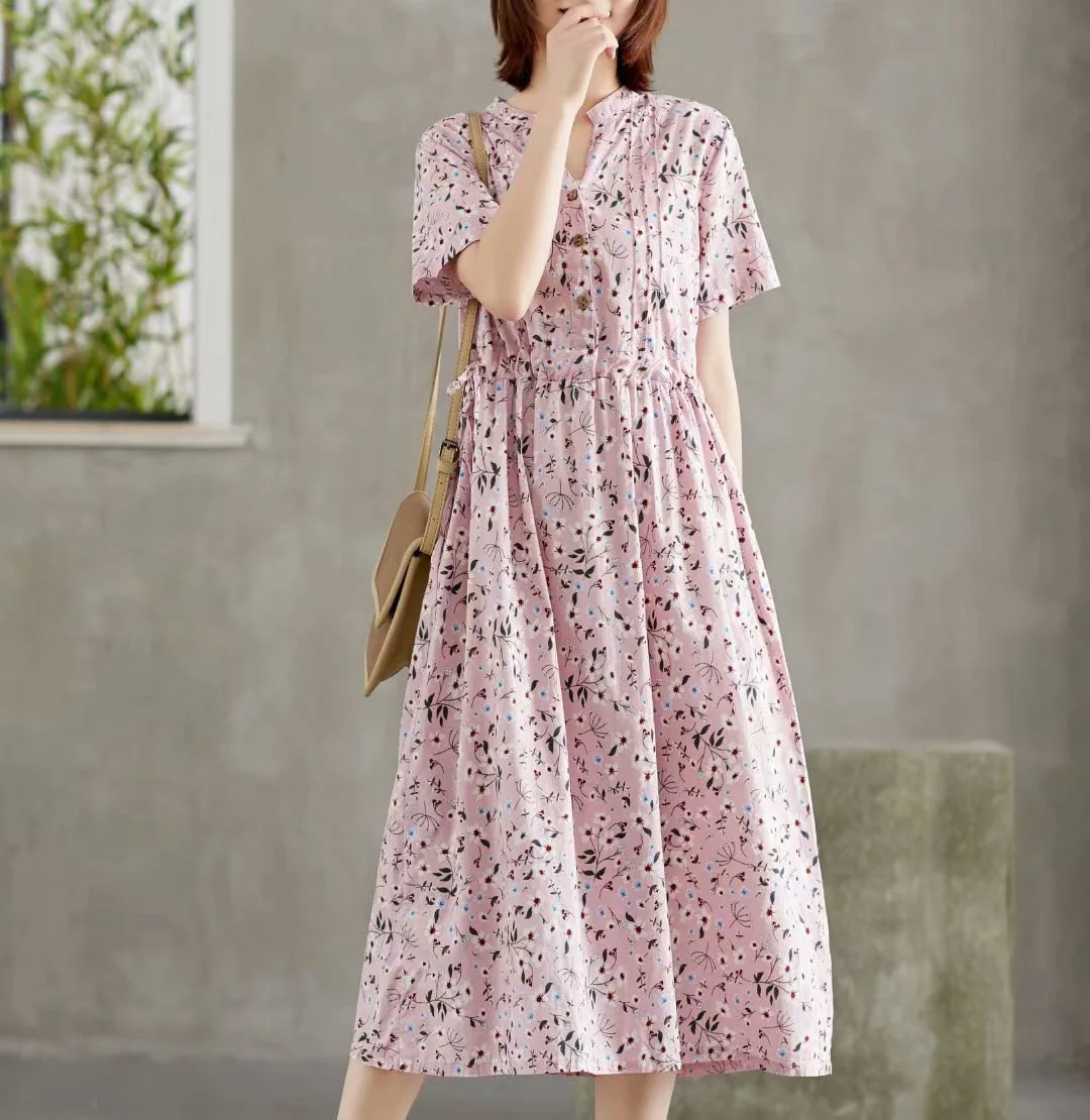 

2019 Summer New Style Ramie Small V-neck Short Sleeve Waist Hugging Floral Dress the Girls' Middle School Long Skirts Four Color