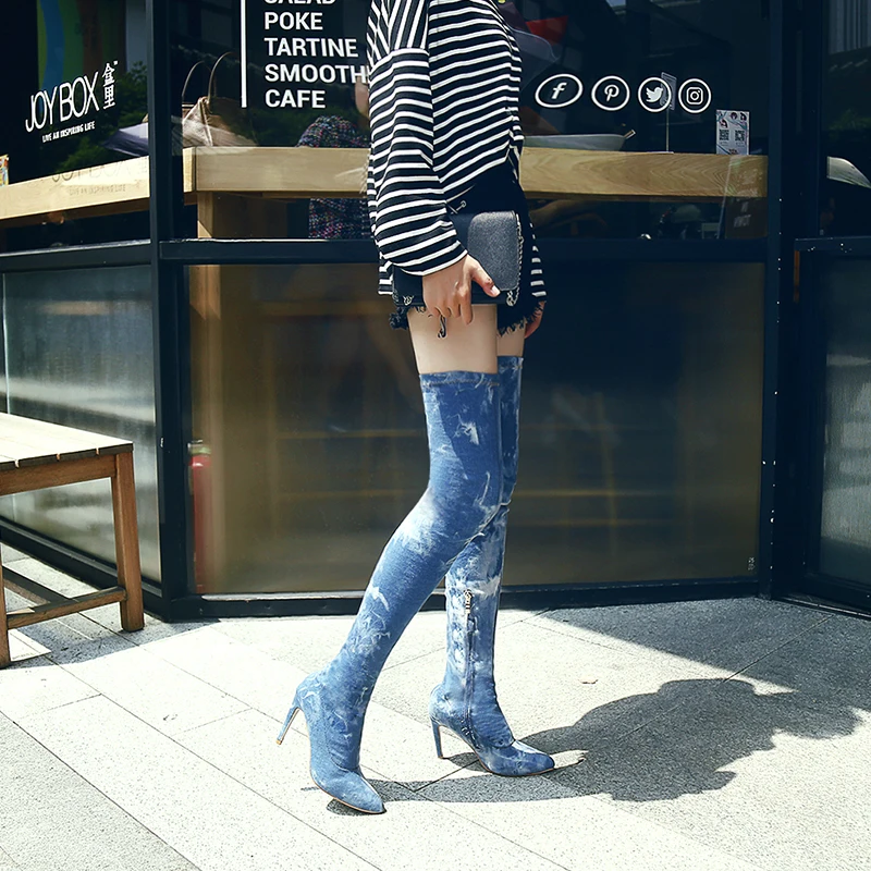 

Size 42 Over The Knee Boots Women Denim Elastic Thin Heels Boots Woman Point Toe Zipper Long Boot Ladies Bota Feminina