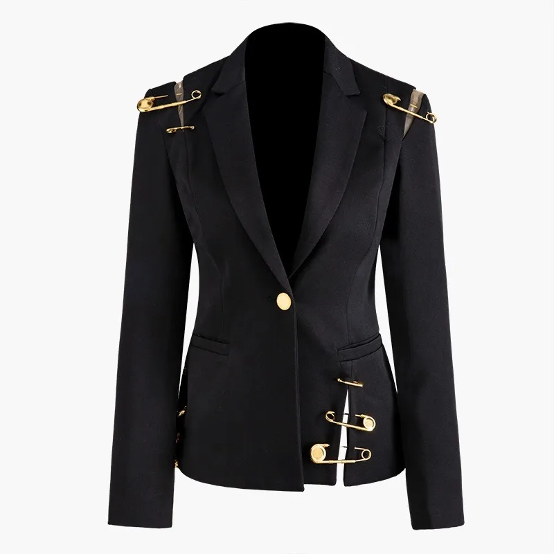 

New Designer European Style Blazers For Women Personality Mesh Patchwork Hollow Out Pins Jackets 2019 Autumn Feminine Slim Coats