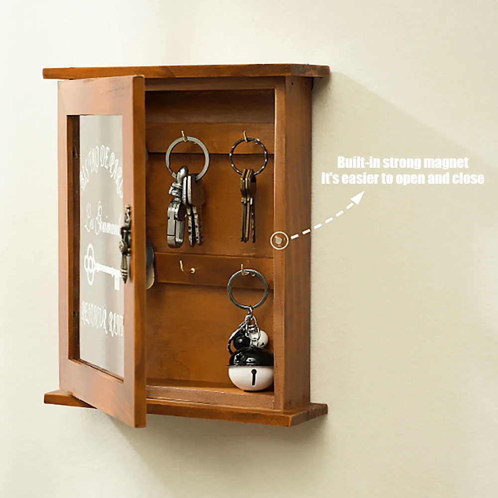 Retro European Style Wooden Key Hook Rack Storage Box Multifunctional