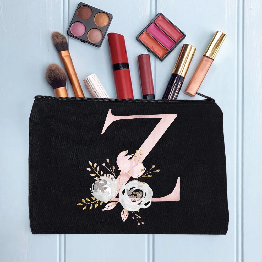 Women's Cosmetic Makeup Bags Female Organizer Pink Flower 26 Letters School Pencil Cases Carrying Bag for Coin Purse