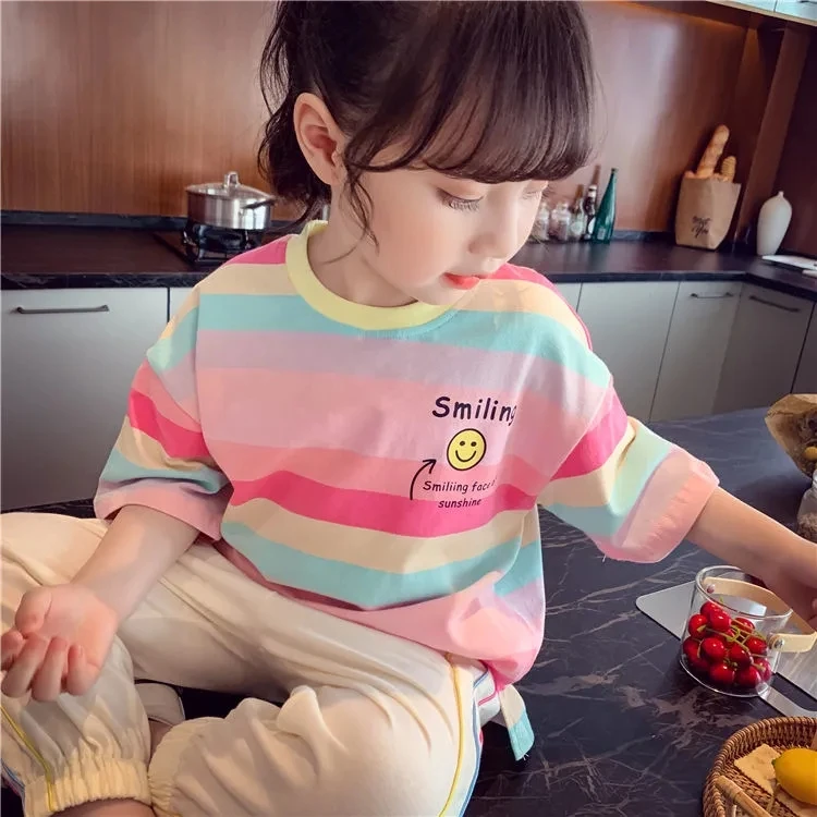 supreme shirt Girls short sleeve T-shirt summer smile face children's leisure half sleeve cotton t-shirts children's striped tees P5156 vintage t shirts