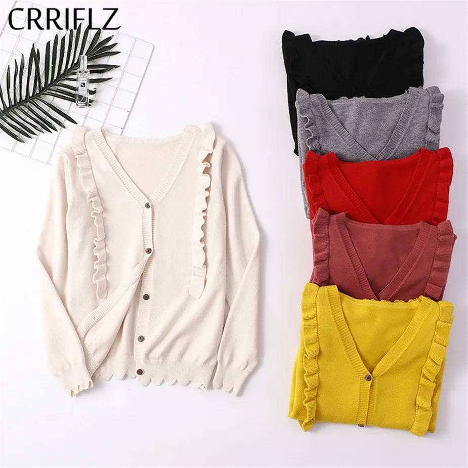 

Simple Cardigan Ladies Sweater Autumn Winter Computer Knitted V-neck Casual Viscose Solid Single Breasted Full Ruffles CRRIFLZ