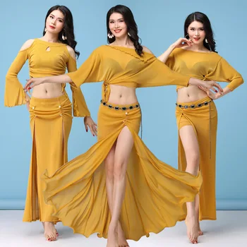 

Shine Silver Knit Women Team Oriental Belly Dance Costum Set Sexy Split Summer Dancer Performance Show Top+skirt Clothing Wear