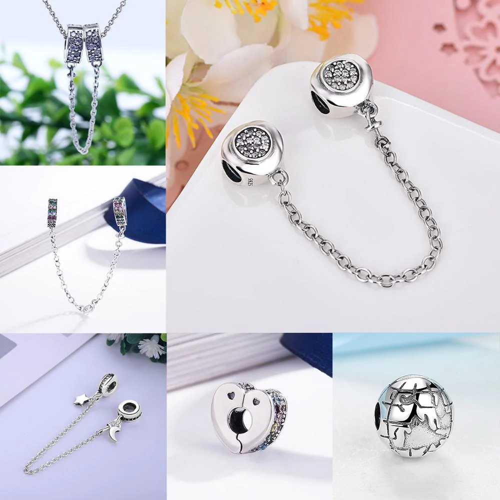 

New 925 Sterling Silver Beads Dazzling Elegance Thread Safety Chain Clip Charm Clear CZ Fit Pandora Bracelet DIY Women Jewelry