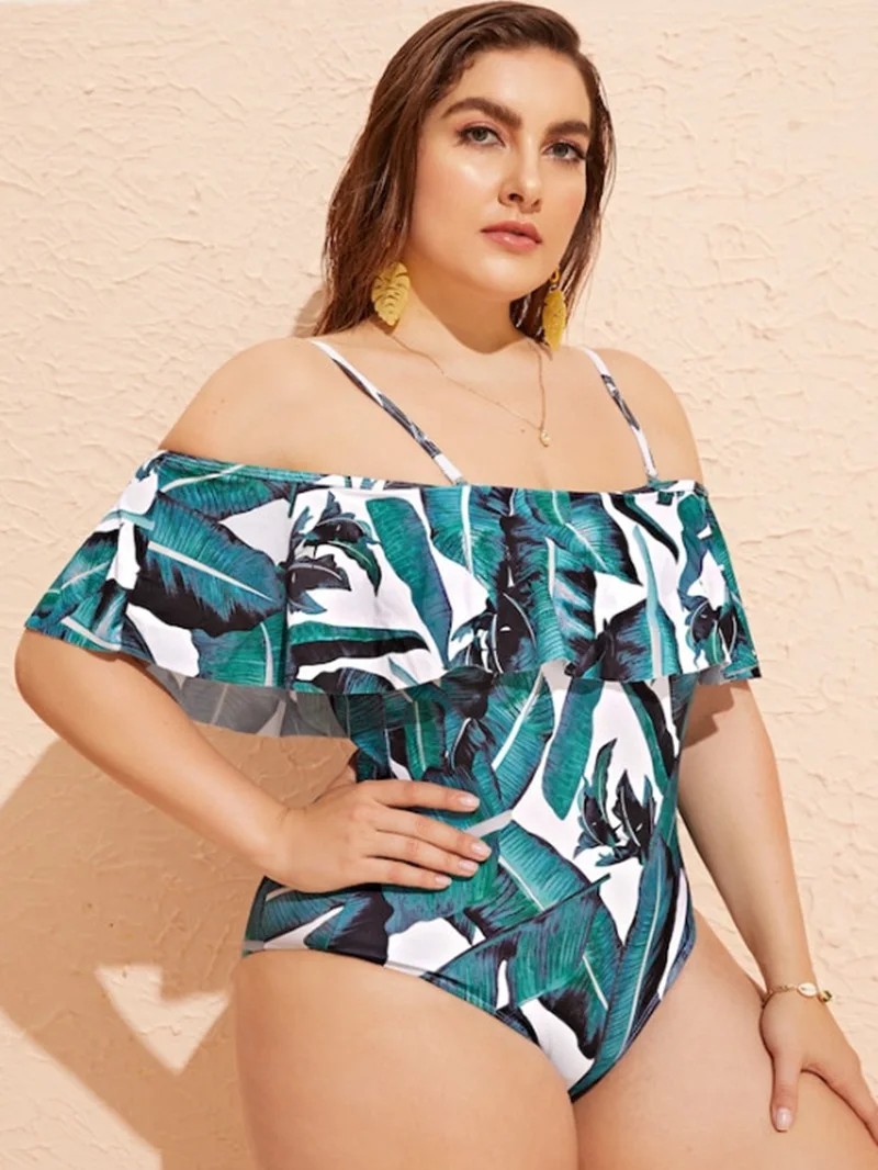 Off Shoulder Ruffled One Piece Swimsuit Plus Size Plant Print Swimwar Large Sizes Bathing Suit Sexy Monokini Swimsuit Women