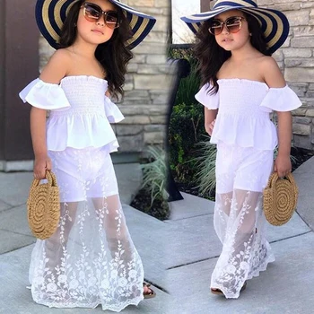 

Child Girl Clothing Set Summer Two Piece Outfit Top & Skirt Off Shoulder Lace Spliced Sweet Kids Clothes Suit 2 3 4 5 6 7 years