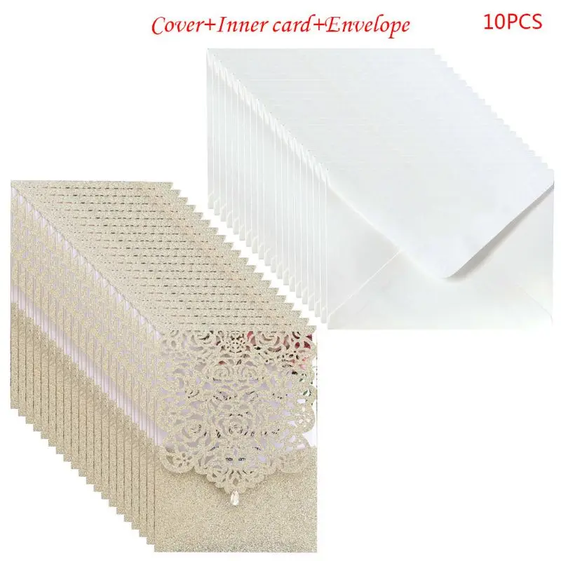  10pcs Laser Cut Glitte Rose Invitations Card with Rhinestone Kits Wedding Party - 4000430095527