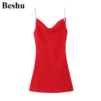 

za 2020 fashion mini dress women red black 2-colors satin chiffon diamonds sling dress backless slim sexy high waist vestidos