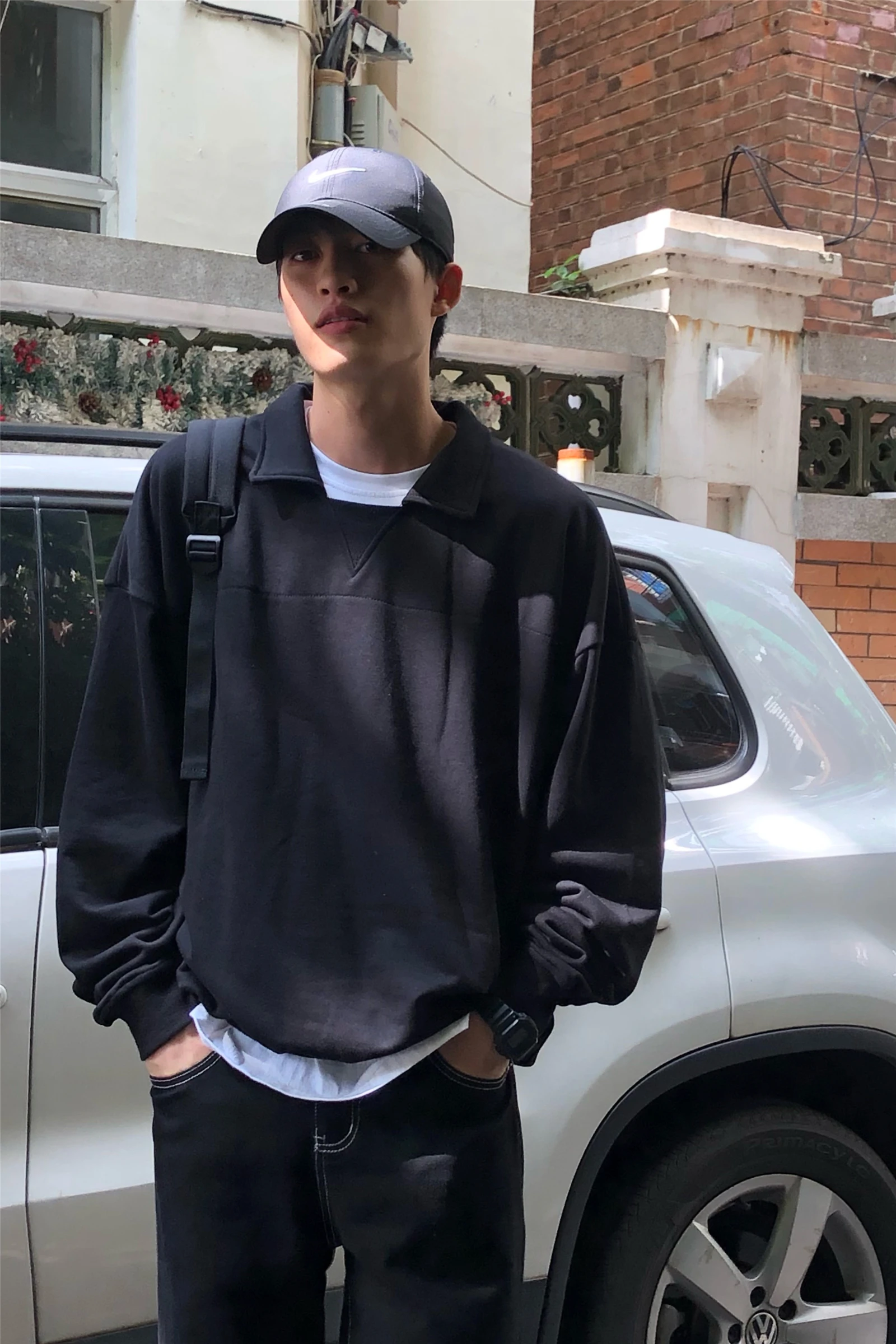 

Autumn men's fake two-piece lapel sweater Japanese simple retro casual wild loose long-sleeved pullover top