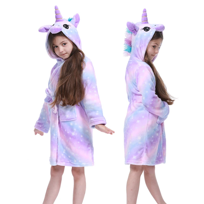 Зимние Детские Банные халаты Kigurumi с капюшоном и единорогом; банный халат с радугой; пижамы для мальчиков и девочек; ночная рубашка; детская одежда для сна - Цвет: Purple stars Pegasus