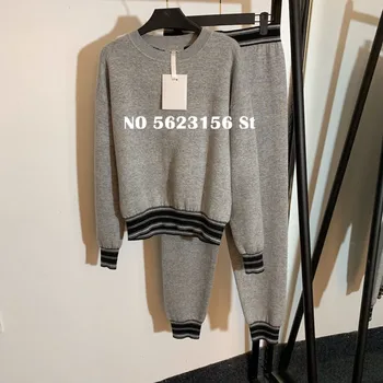 

2020 Autumn Winter Women Two Piece Sets Wool Cashmere-blend Pullover Sweater Tops & Elastic Waist Wide Pants Elegant Suit