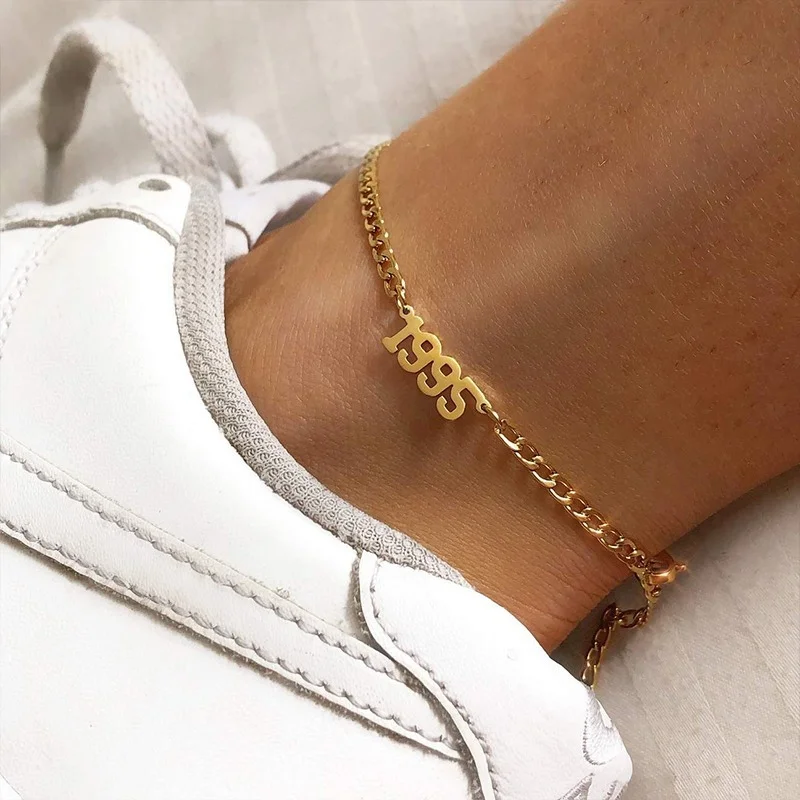 1980-1998 Birth Year Anklet Leg Bracelet Jewelry Stainless Steel Rose Gold Color Custom Number Anklet For Women Gifts