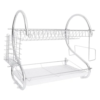 

1 Set Dish Drying Rack 2-Tier Dishes Organizer Iron Dish Organizer Chopsticks Mincing Board Holder for Kitchen Use (Silver)