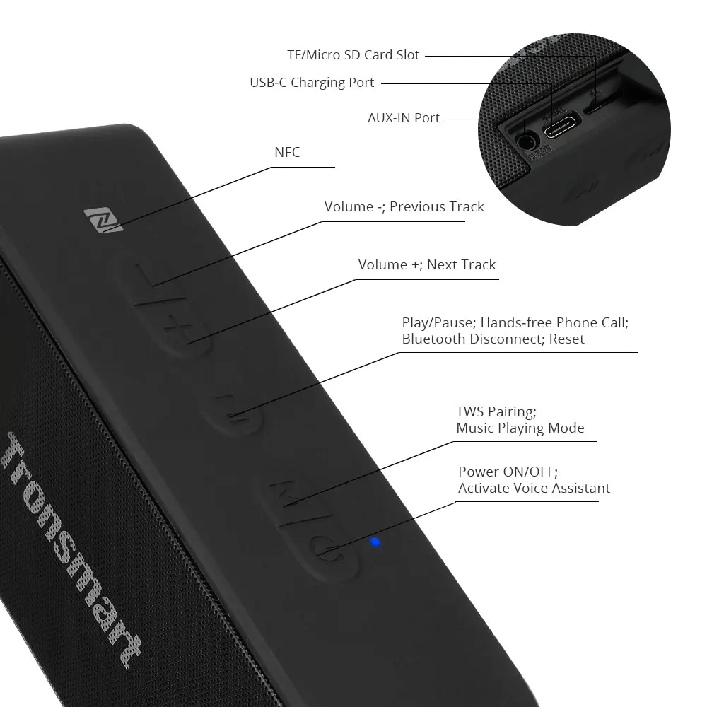 US $38.07 Tronsmart T2 Plus Bluetooth 5.0 Speaker 20W Portable Speaker 24H Column IPX7 Soundbar with NFC,Voice Assistant,Micro SD