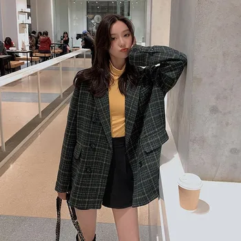 

Classic Plaid Suits Women Double-breasted Blazer Jackets Vintage Green Suit Coat Spring Fashion Pockets Female Loose Suit Jacket