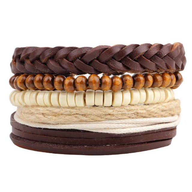 Stone Men Bracelet Multi-layer Handmade Weaved Punk Leather Rope Chain Stainless Steel Bangle Male Jewelry Gifts