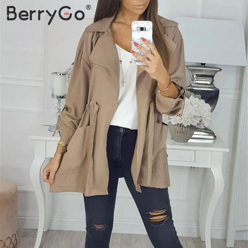 BerryGo, повседневный Тренч со шнуровкой, Женское пальто с карманами кофейного цвета, Осень-зима, женские тренчи с длинным рукавом для офиса, женские пальто
