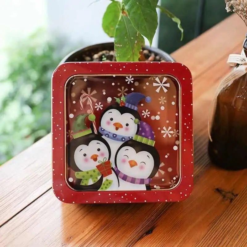 Square Penguin Милые прямоугольные рождественские подарочные коробки жестяная коробка для конфет Санта Снеговик упаковка с открытым окном Печенье чехол для упаковки детей конфет коробка - Цвет: Square Penguin