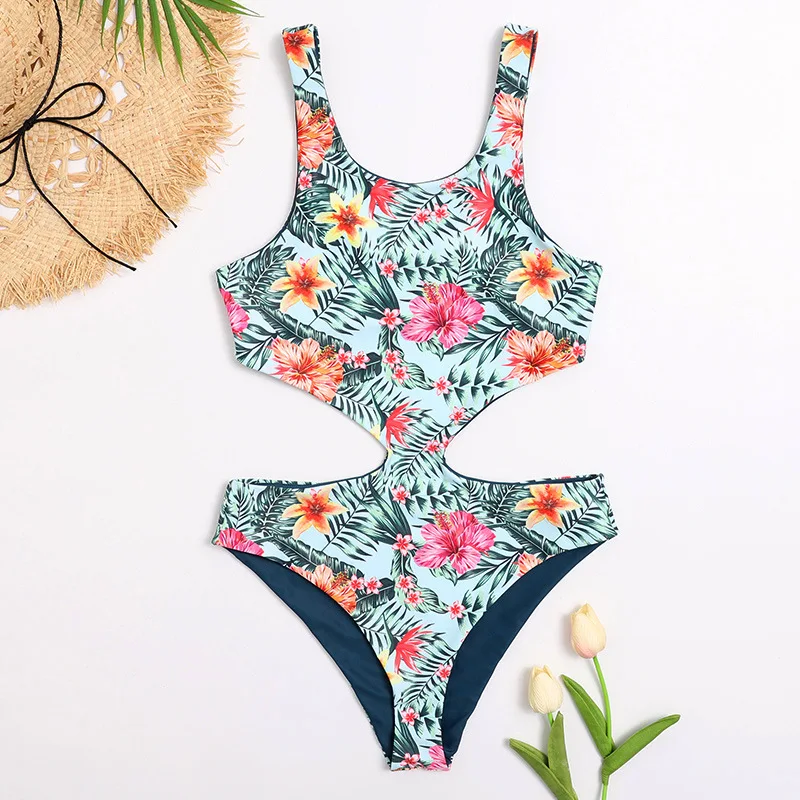 

Floral One Piece Swimsuit Women Bathing Suit Bandage Halter Sexy Thong Swimwear Padded High Cut Out Monokini Jungle Beachwear