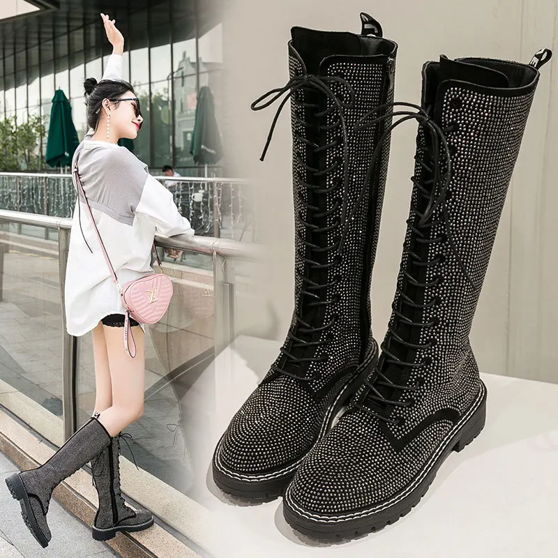 

Ozhouzhan Man-made Diamond Full of Crystals Super Shiny Lace-up Boots Not over-the-Knee Boots Martin Boots Motorcycle Boots Flat