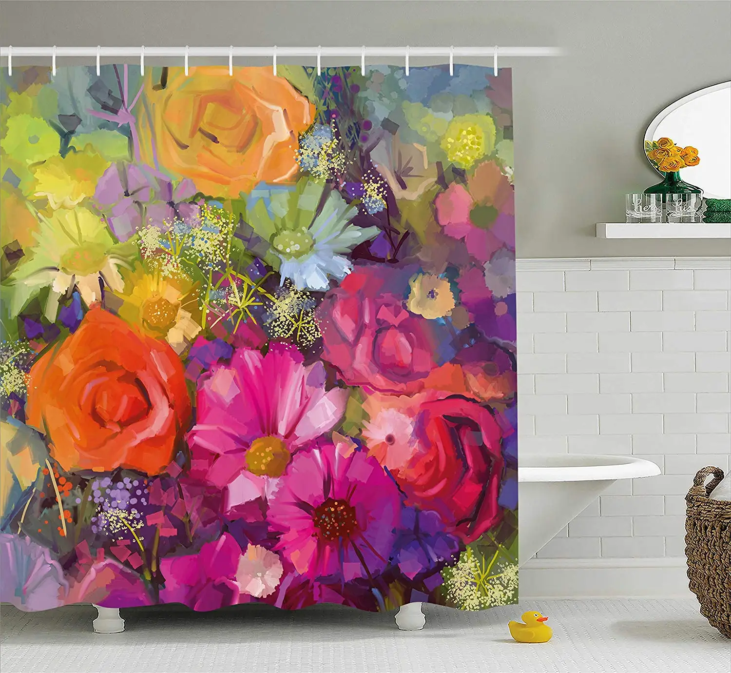 Цветочная занавеска для душа яркий букет цветов с маргариткой пионами