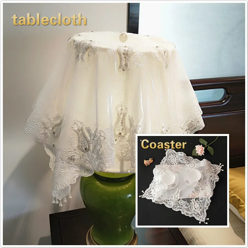

Luxury Double Layer Lace Fabric Embroidery Beaded European Tablecloth Placemat Coaster Square Cover Cloth Coffee Table Mat HOT
