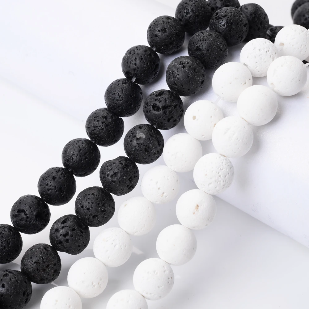 1 Strand Natural Stone Black White Lava Volcanic Gemstones Beads ,Round  Loose Beads For Jewelry Making, DIY Bracelets Necklace Accessories