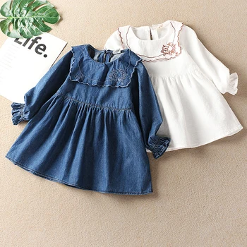 

5180 Denim Embroidery Cotton Princess Baby Girl Dress 2020 New Spring Summer Party Wedding Kid Dress For Girl Wholesale Clothes