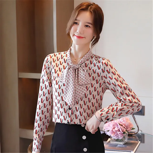 Autumn Fashion Women Tops And Blouses Long Sleeve Letter Print Chiffon Shirts Casual Lady Lac-up Bow V-Neck Clothing Blusas