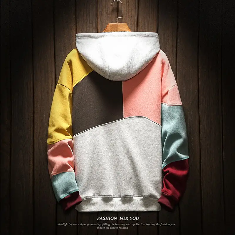 High Quality Men s Hoodies Sweatshirts Plus Size Patchwork Contrasted Color Casual Hooded Shirt Men Pullover 2