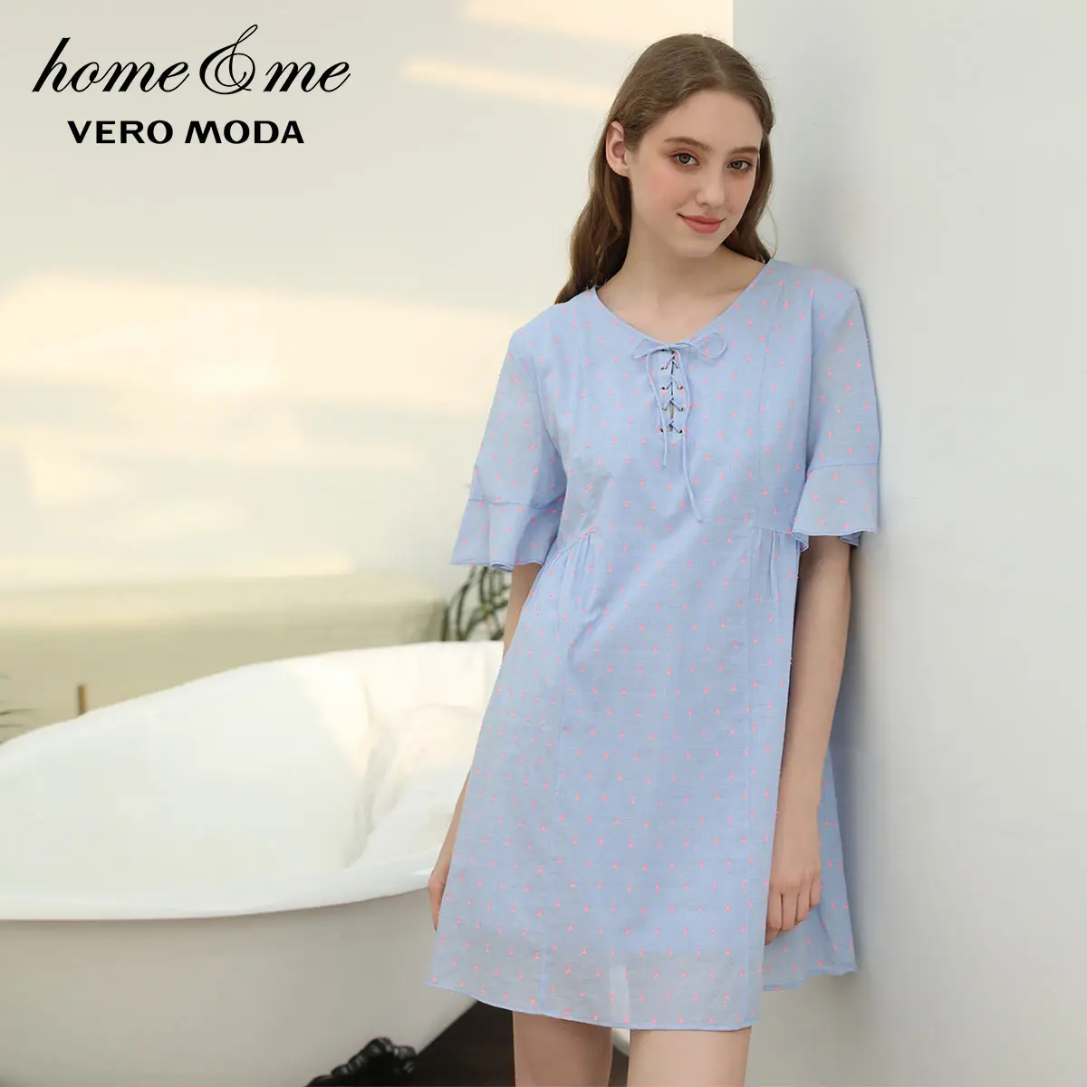 Vero Moda Новое поступление, плиссированное домашнее Ночное платье в горошек на шнуровке | 31926Z569
