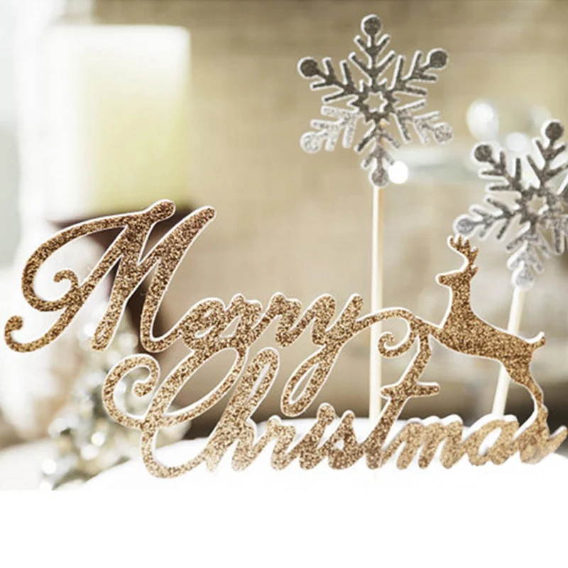 5pcs/bag Merry Chrismas Cupcake Toppers Rose Gold Deer Snow White Party Xmas Decoration Cake Topper New Year Cake Decoration