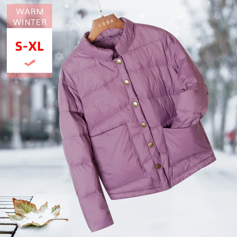 

New Fashion White Duck Down Jacket Female Short Ultra Light Thin Soft Stand Collar Down Coat Covered Button Casual Warm Outwear