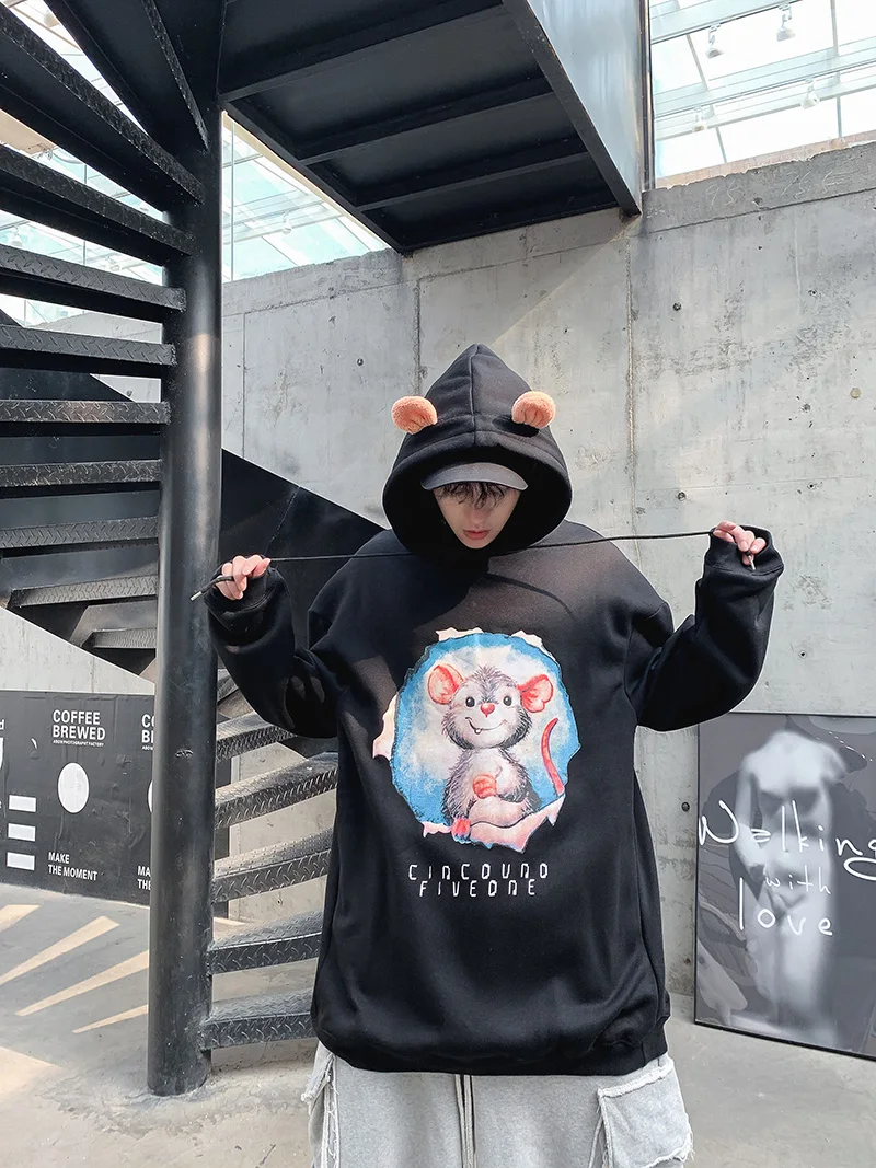 Толстовка в стиле хип-хоп Harajuku с мультяшной мышкой, фирменный дизайн, Модная хлопковая Толстовка для мужчин на осень и зиму