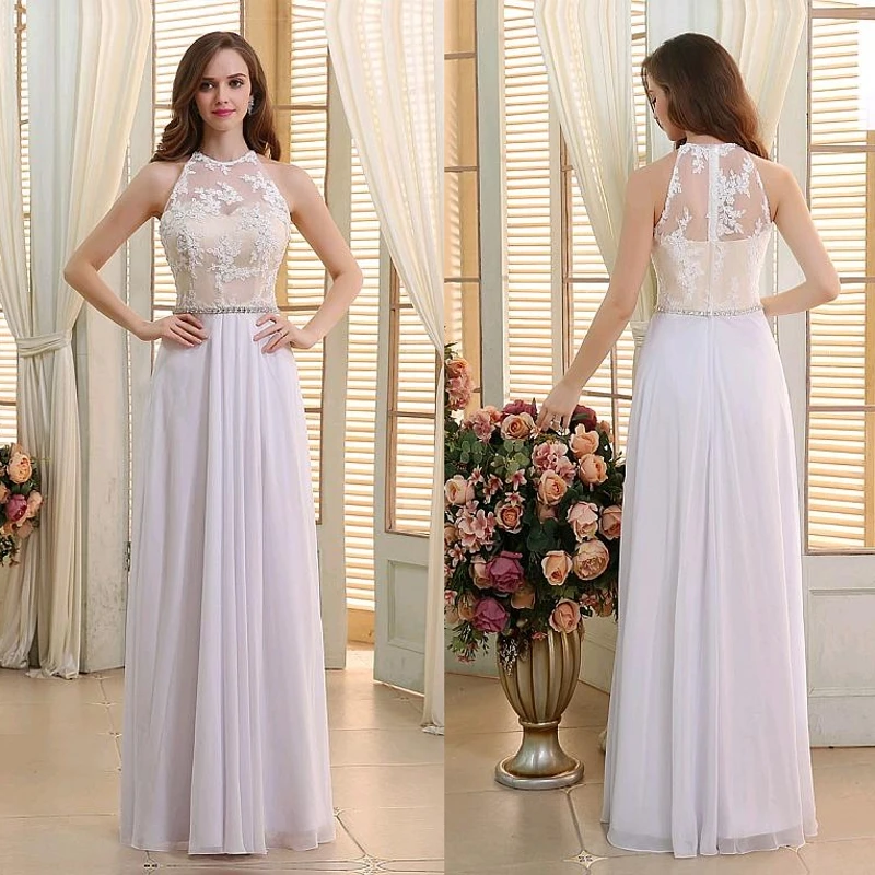 

Elegant Tulle & Chiffon Jewel Neckline A-line Wedding Dresses 2019 Applique Lace Beach Wedding Dress With Crystal Sashes