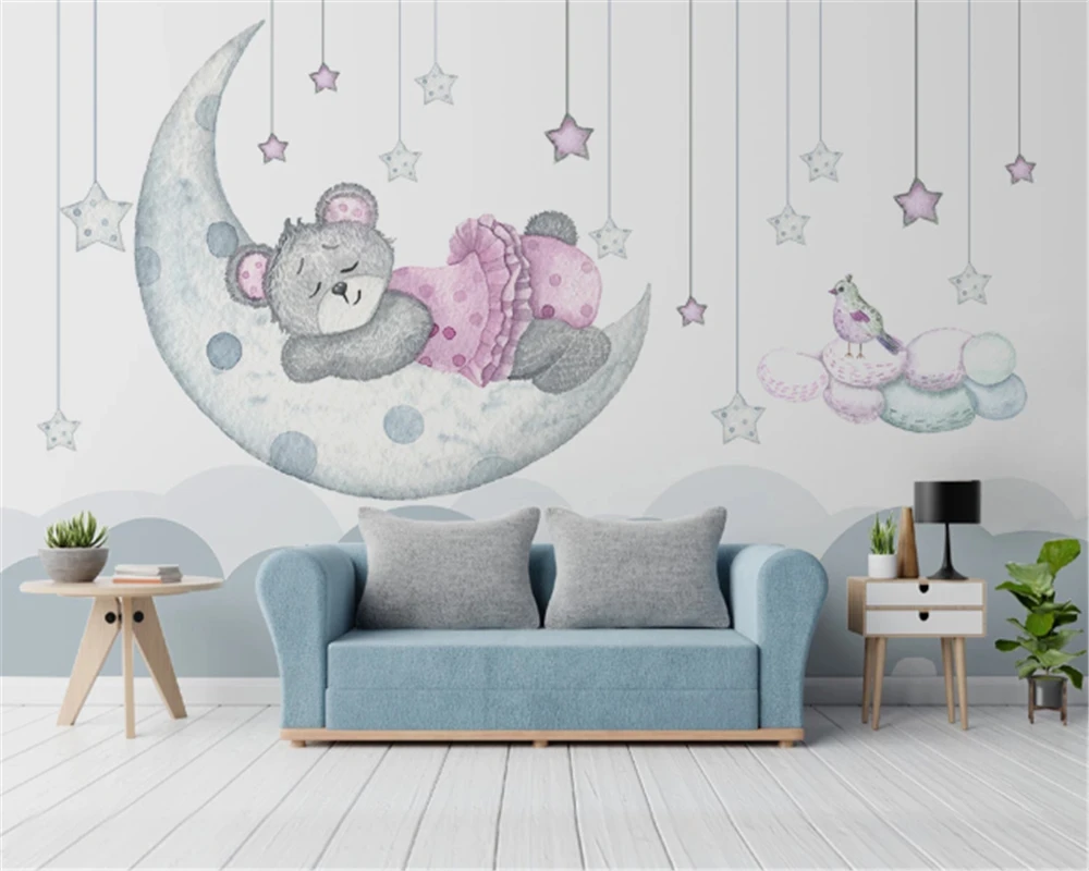 Beibehang Photo 3d Wallpaper Simple Cartoon Fantasy Moon Bud Stars Bear Cartoon Children Bedroom Background Wallpaper Decorationwallpapers Aliexpress